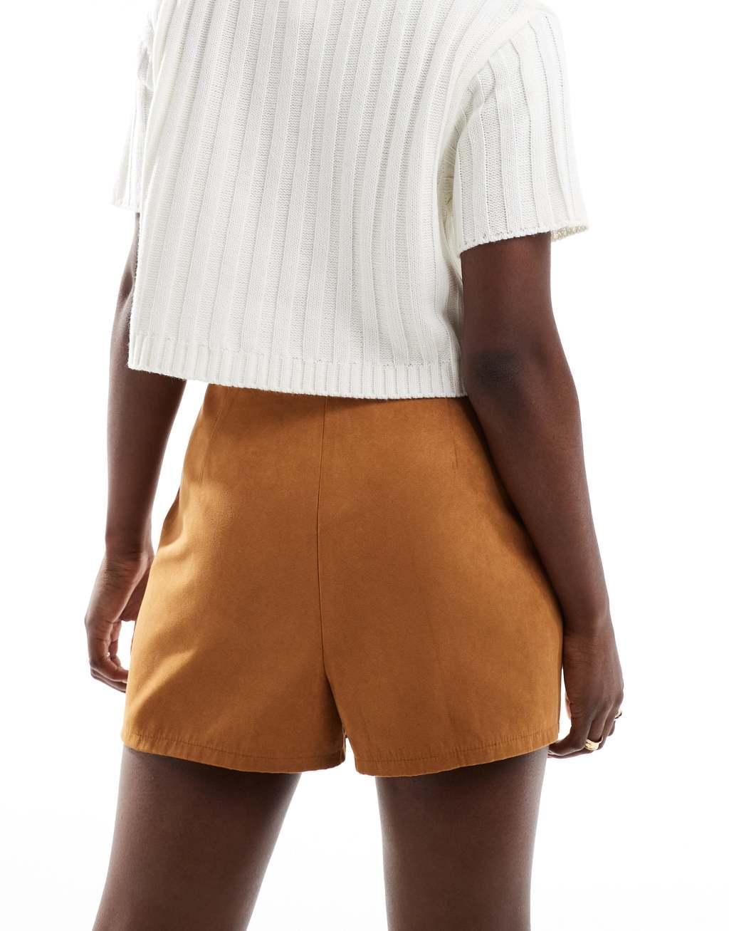 ASOS DESIGN button front pocket detail faux suede skort in tan Product Image