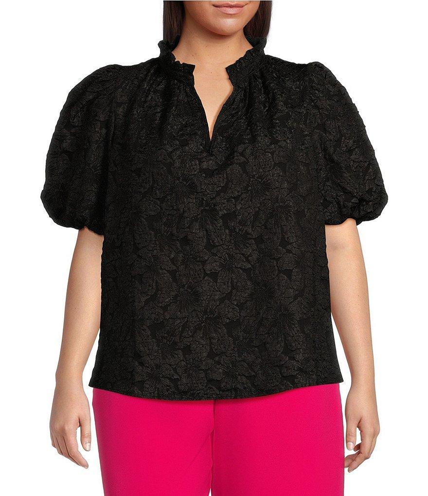 Sugarlips Plus Short Sleeve Floral Jacquard Split Neck Top Product Image