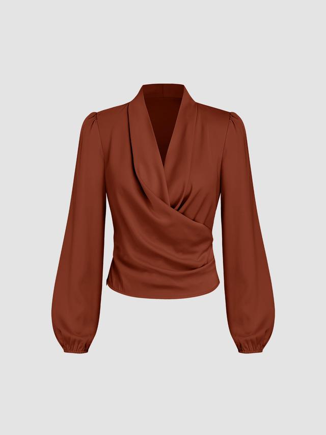 Satin V-neck Wrap Zip Long Sleeve Blouse Product Image