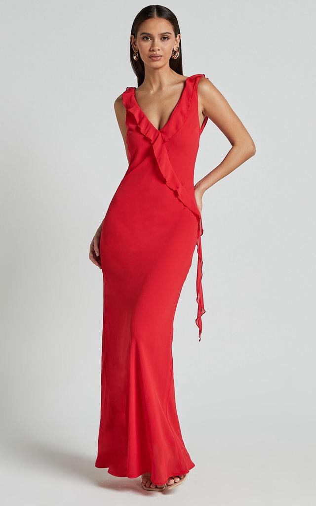 Laurie Midi Dress - Plunge Frill Detail Slip Dress in Red Product Image