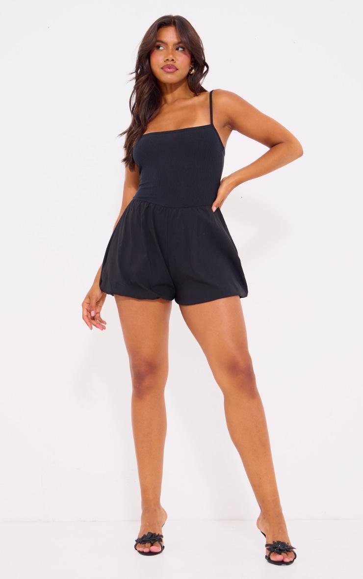 Black Rib Contrast Puff Short Romper Product Image