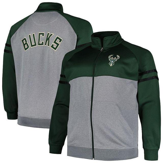 Mens Fanatics Branded Hunter Green/Heather Gray Milwaukee Bucks Big & Tall Pieced Stripe Raglan Full-Zip Track Jacket Product Image