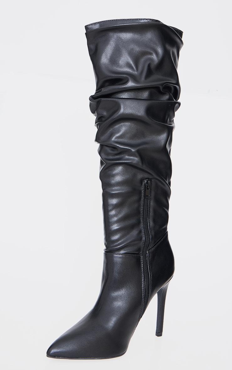 Black PU Point Toe Ruched High Stiletto Heeled Knee Boots Product Image