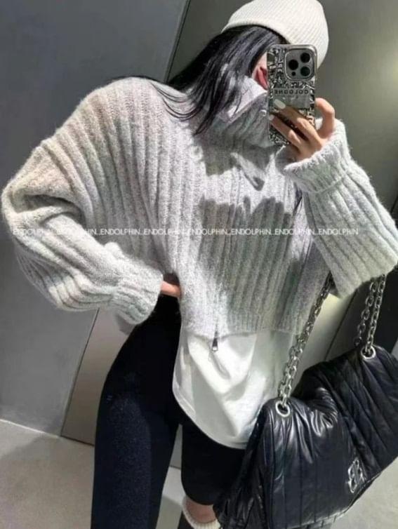 Long Sleeve Mock Neck Plain Ribbed-Knit Zip-Up Cardigan Product Image