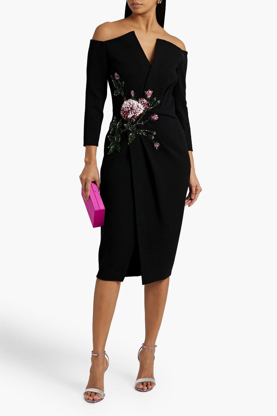 Off-the-shoulder Wrap-effect Embellished Wool-blend Midi Dress In Black Product Image