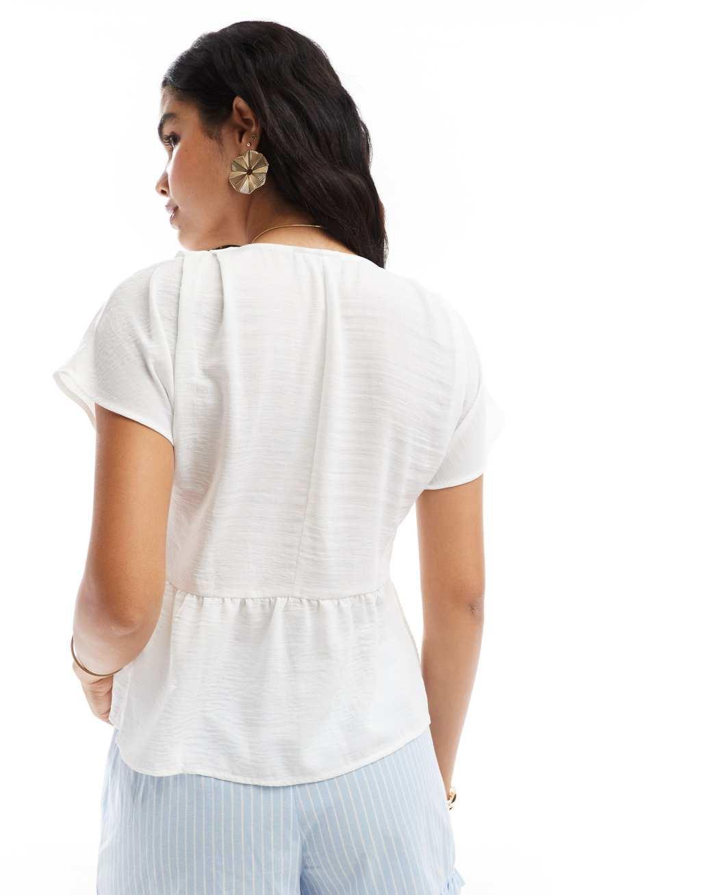 ASOS DESIGN linen look peplum button front top in ivory Product Image