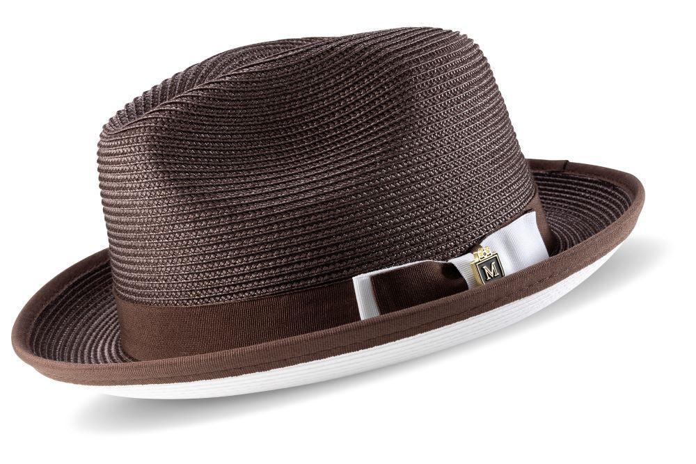 Two Tone Ribbon Stingy Brim Pinch Braided Fedora - Brown with White Bottom Product Image