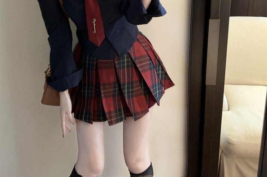 Long-Sleeve Lettering Shirt / Plaid Mini Pleated Skirt / Tie / Set Product Image