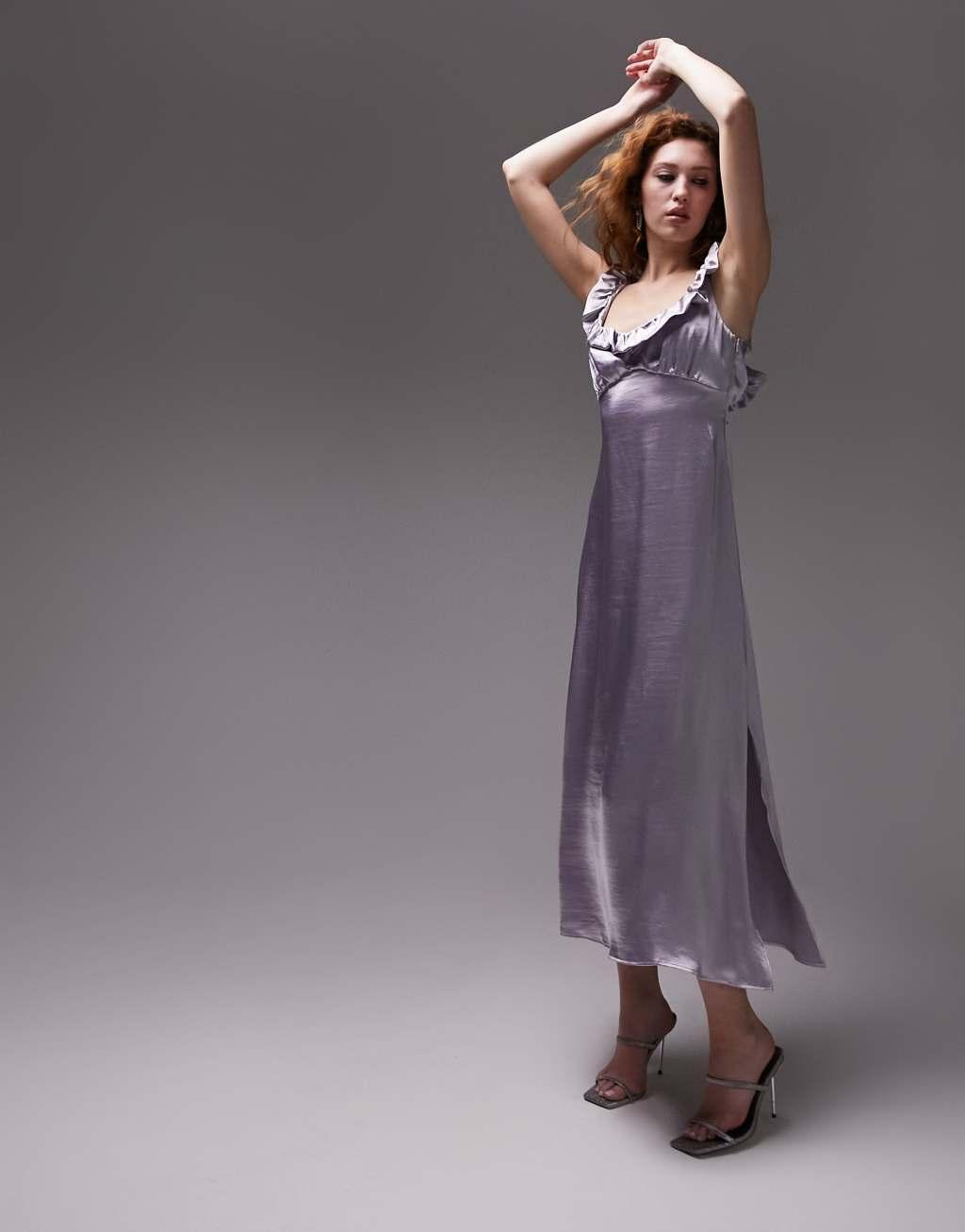 Topshop ruffle cami midaxi dress with cross back in lilac Product Image