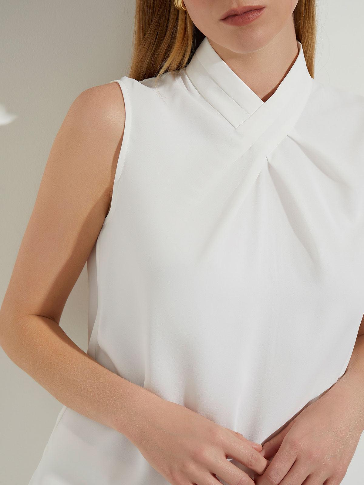 Pleated Crossover Collar Crepe de Chine Blouse Product Image