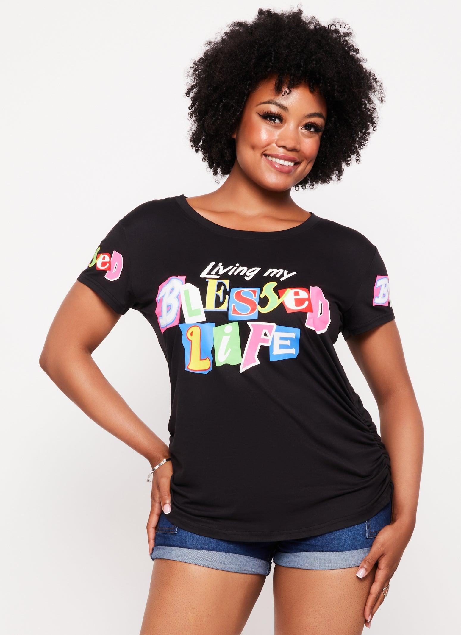 Womens Plus Size Living My Best Life Ruched Graphic Tee Product Image