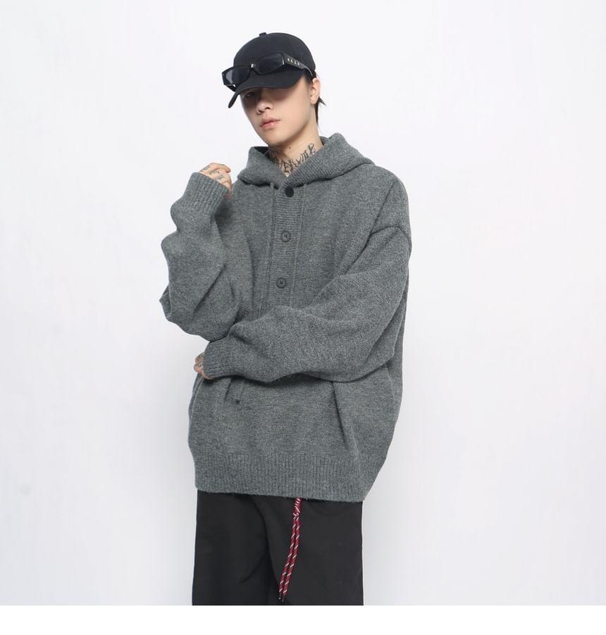 Henley Plain Hooded Oversized Sweater Product Image