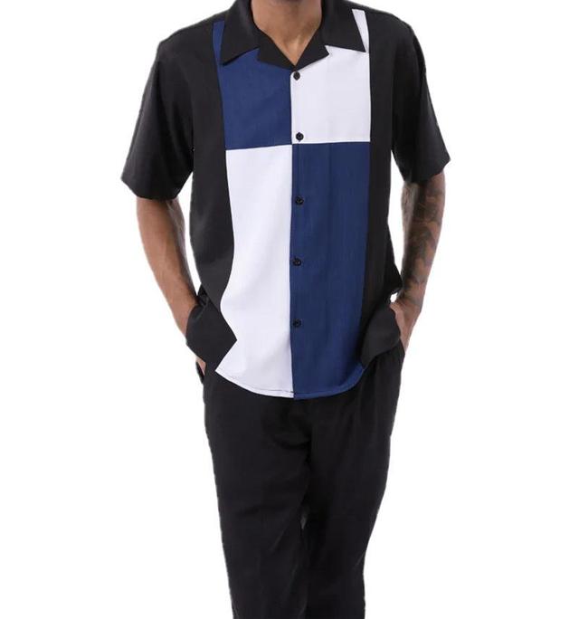 Navy Color Block Walking Suit 2 Piece Short Sleeve Set Product Image