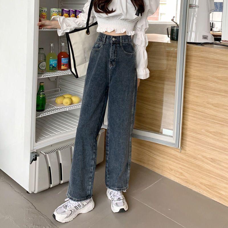 High Waist Washed Straight Leg Jeans Product Image