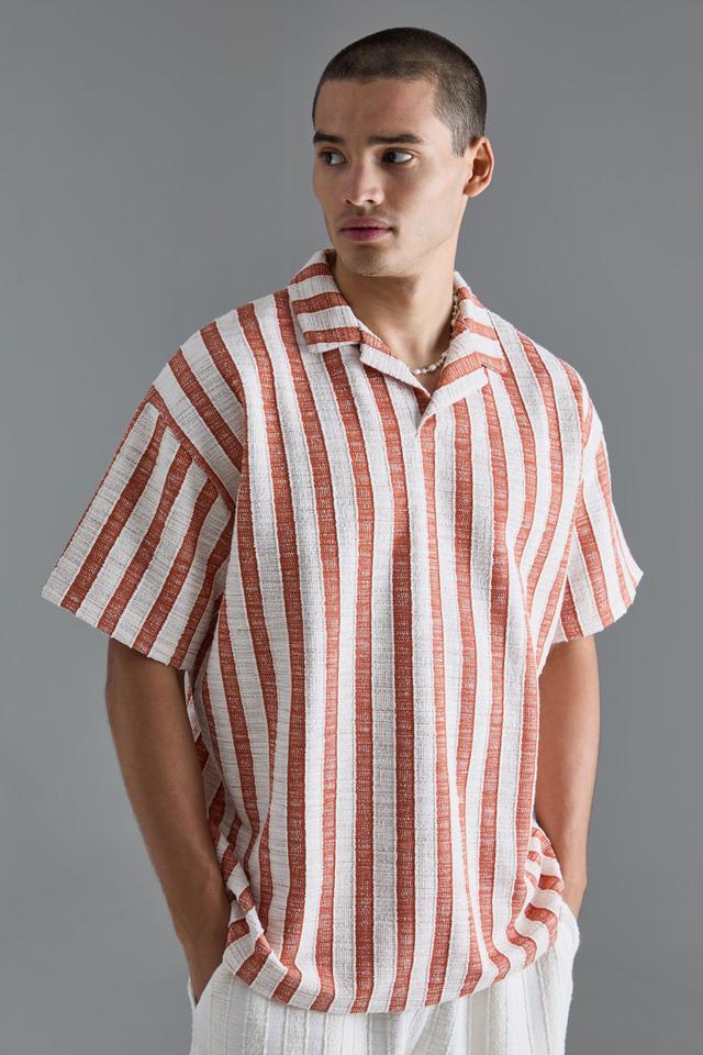 Oversized Revere Textured Stripe Polo | boohooMAN USA Product Image