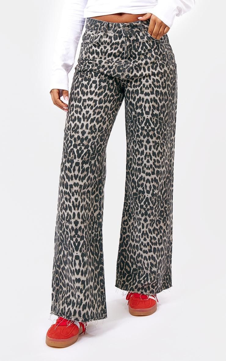 Brown Leopard Print Denim Wide Leg Denim Jean Product Image