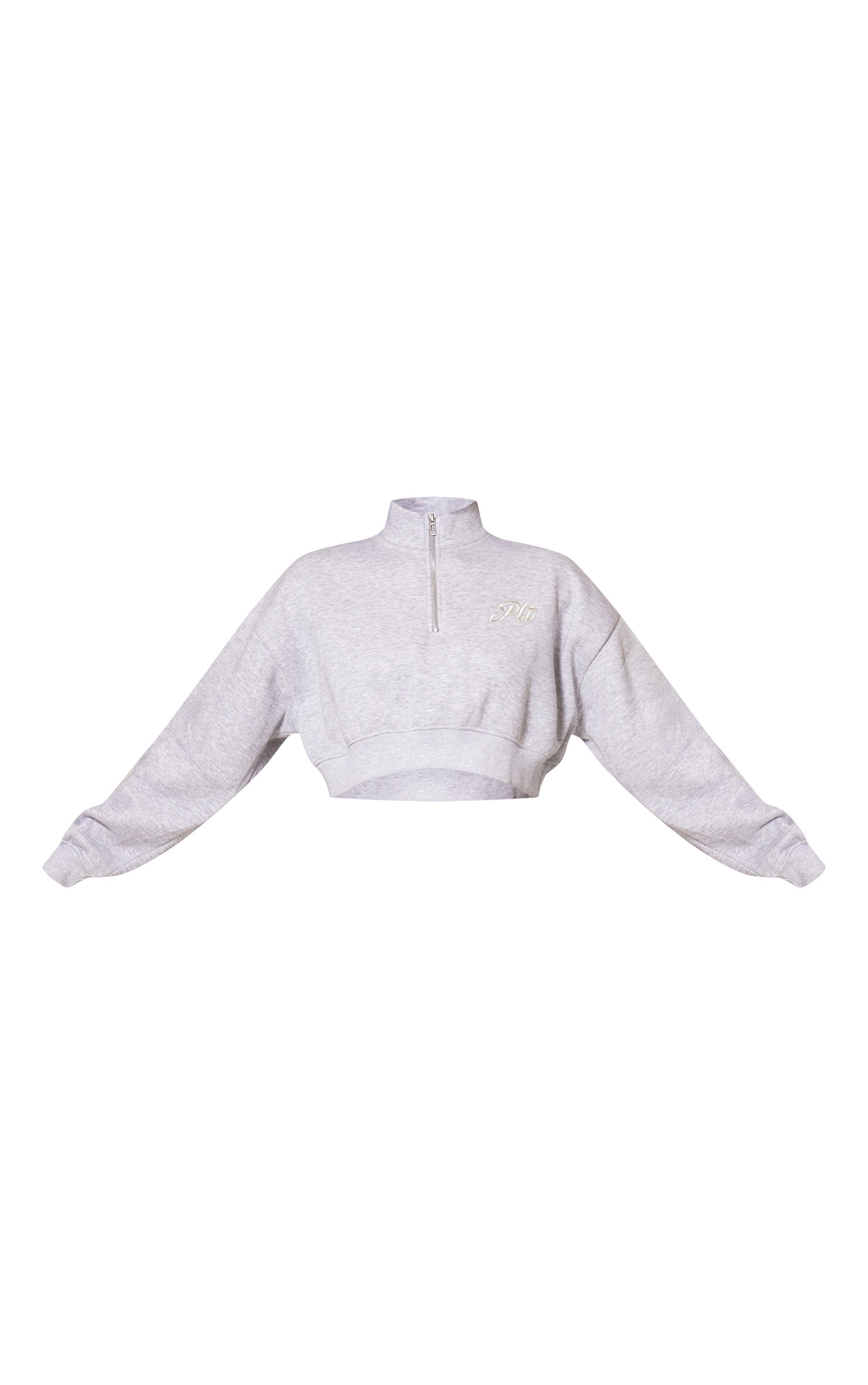 PRETTYLITTLETHING Grey Marl Tonal Embroidered Cropped Half Zip Sweatshirt Product Image