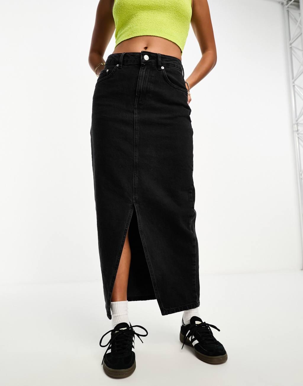 ASOS DESIGN Petite denim midi skirt with split hem in washed black Product Image