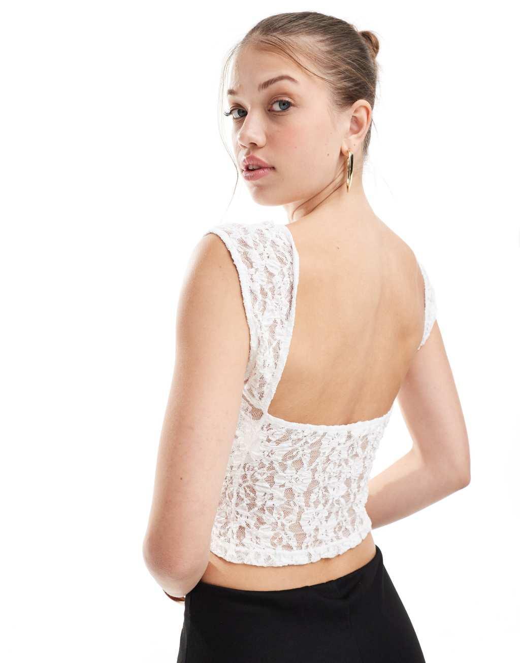 Pull&Bear backless lace top in ecru Product Image