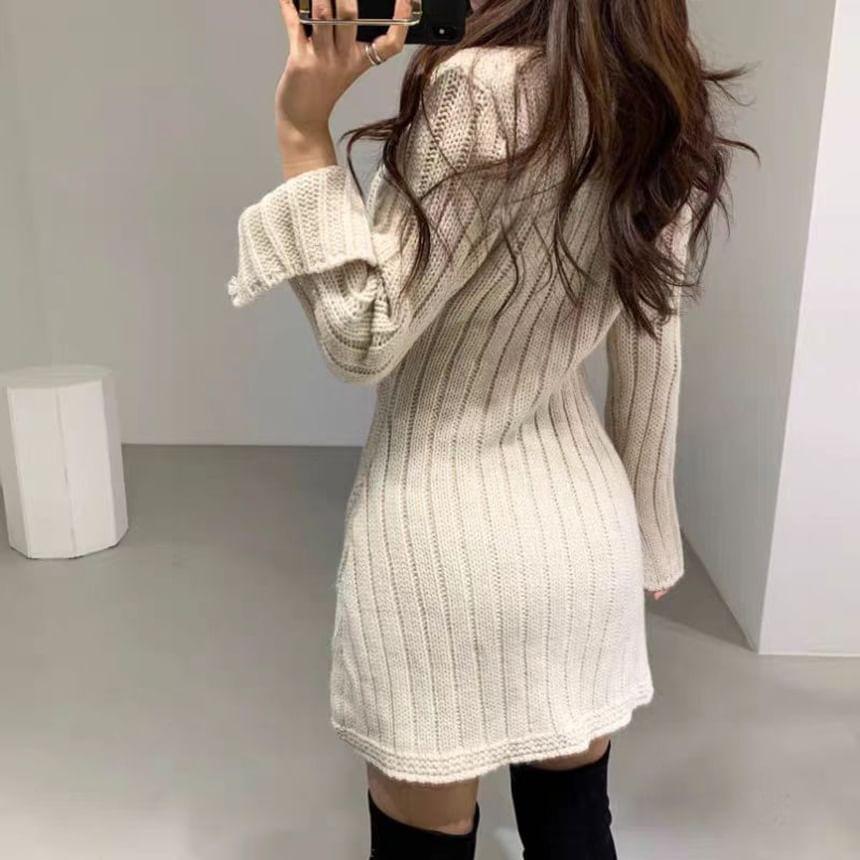 Long-Sleeve V-Neck Cable Knit Button Front Mini Sheath Knit Dress Product Image