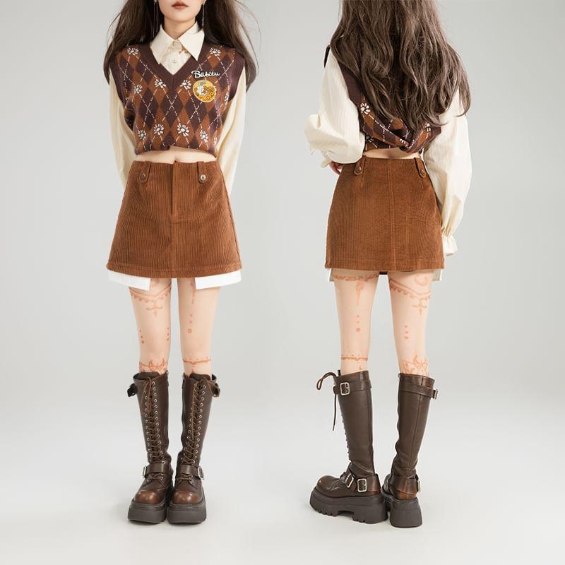 High Waist Corduroy Mini A-Line Skirt Product Image