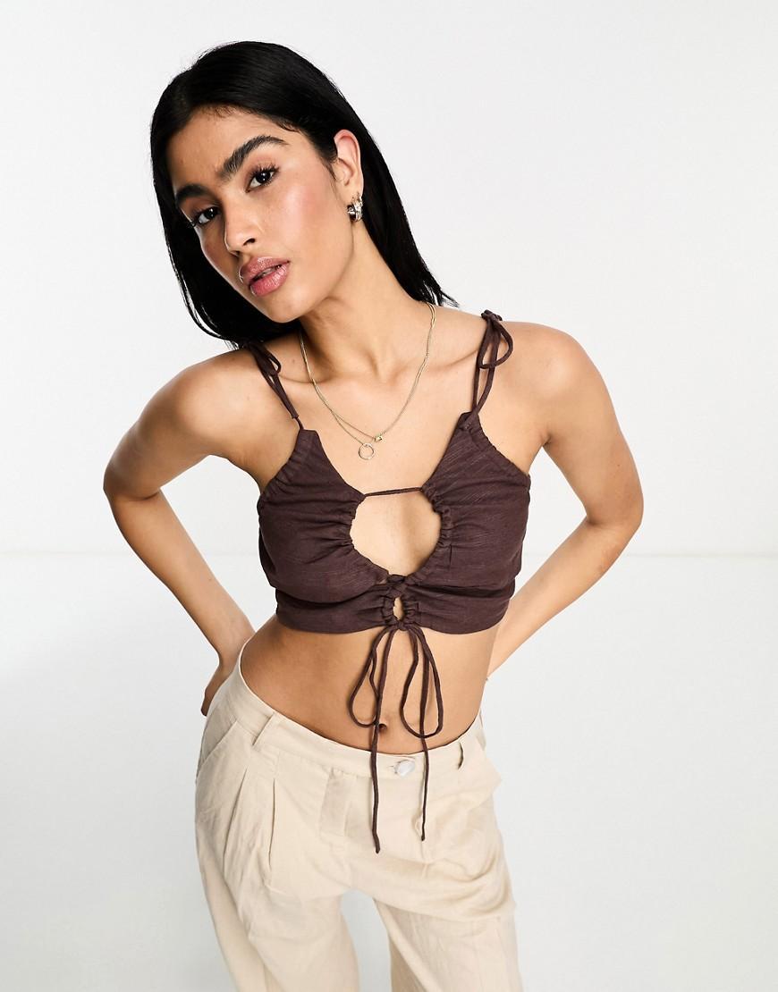 ASOS DESIGN ruched keyhole strappy crop top with tie shoulder detail Product Image