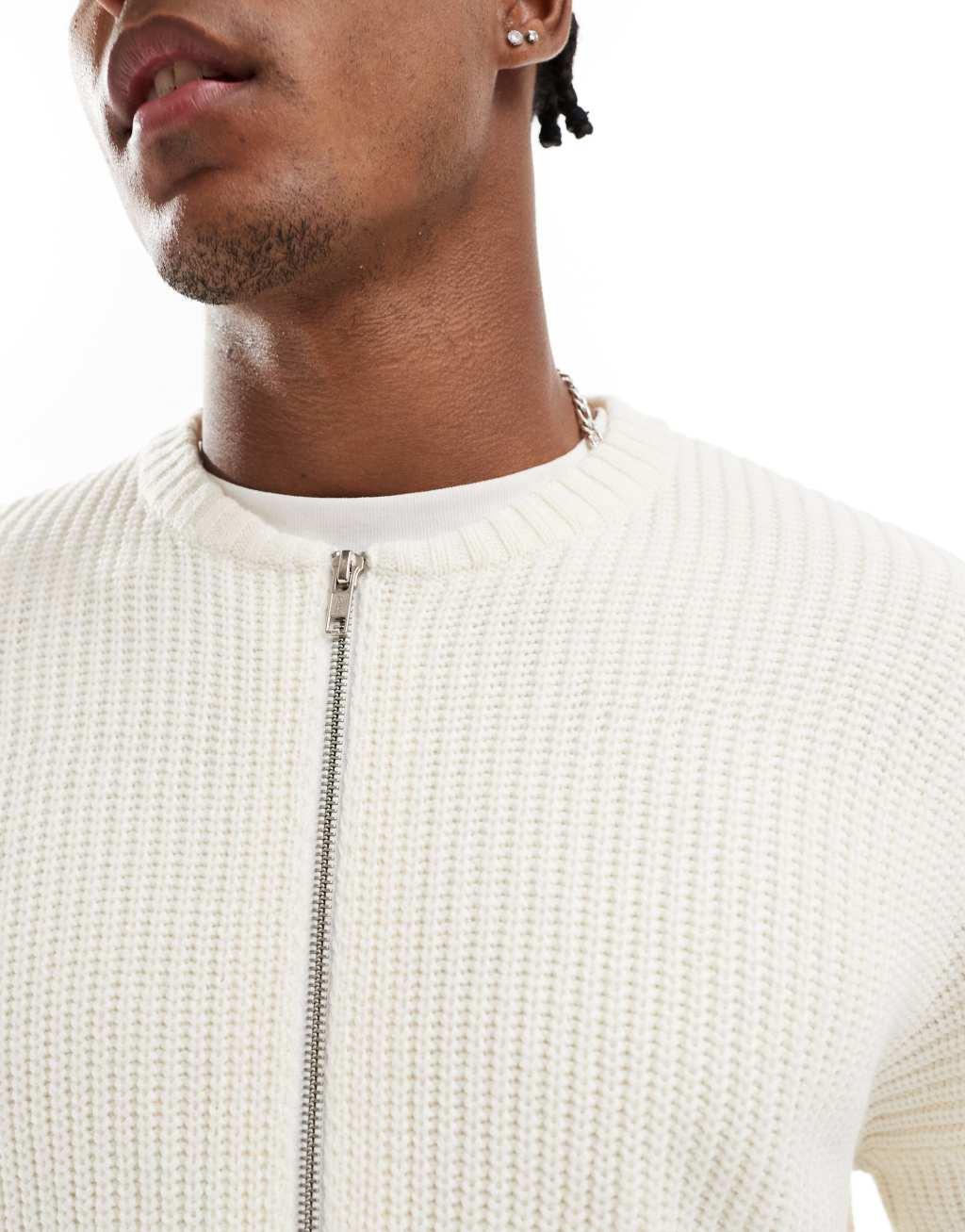 ASOS DESIGN knit relaxed fisherman ribbed zip up bomber jacket in cream Product Image