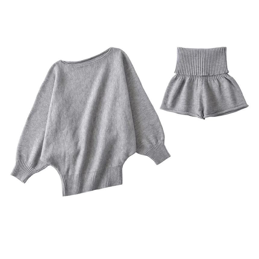 Set: Cold-Shoulder Puff-Sleeve Plain Sweater + High Waist Shorts Product Image