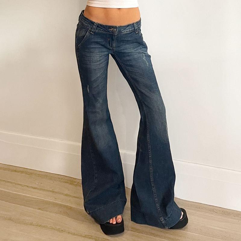 Low Rise Distressed Washed Flared Jeans Product Image