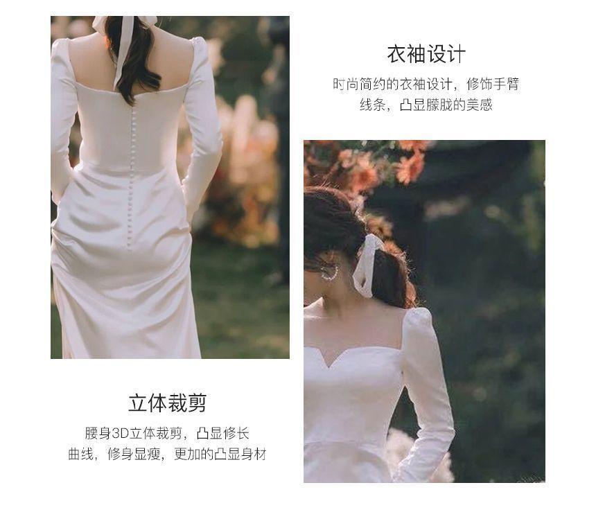 Long-Sleeve Square Neck Plain A-Line Wedding Gown Product Image