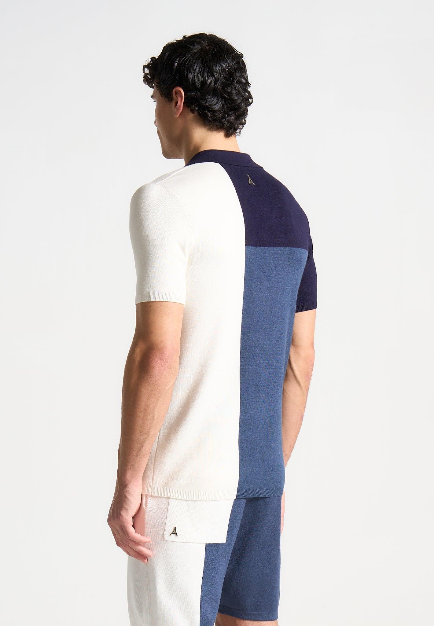 Colour Block Knit Revere Polo Top - Navy/Steel Blue Male Product Image