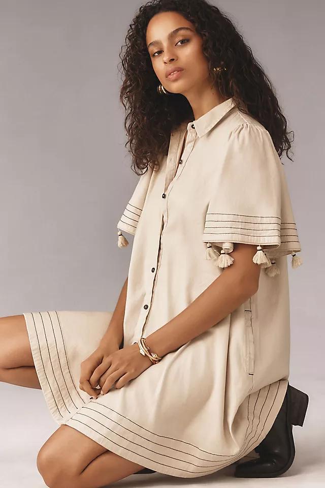 Maeve Collared Linen Button-Front Tassel Mini Dress Product Image