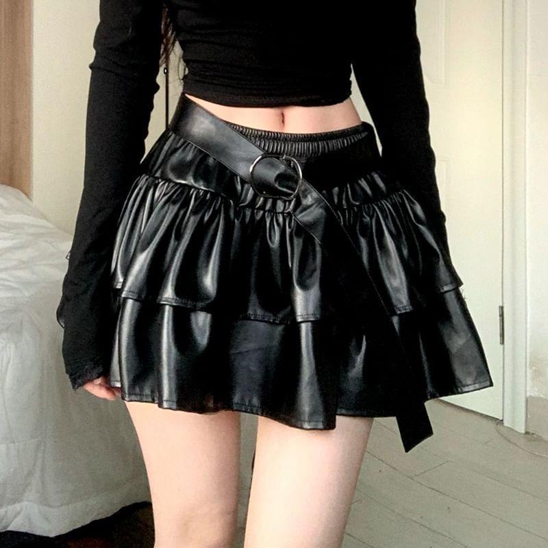 Low Rise Belt Accent Plain Faux Leather Mini A-Line Skirt Product Image