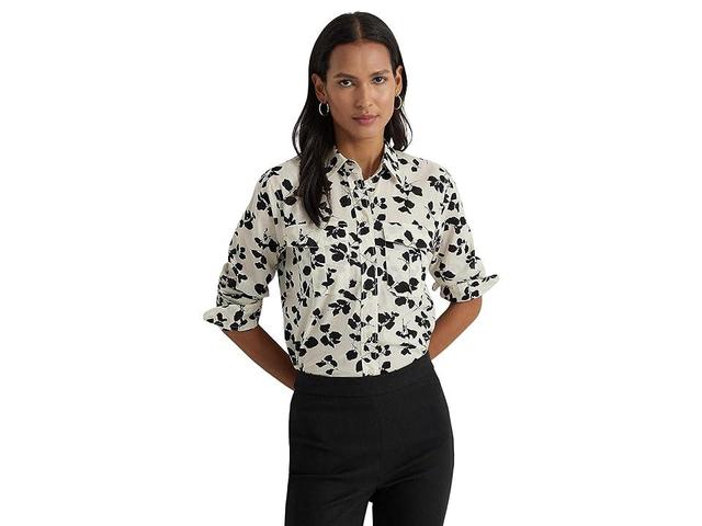 Lauren Ralph Lauren Petite Classic Fit Leaf-Print Voile Shirt (Cream/Black) Women's Clothing Product Image