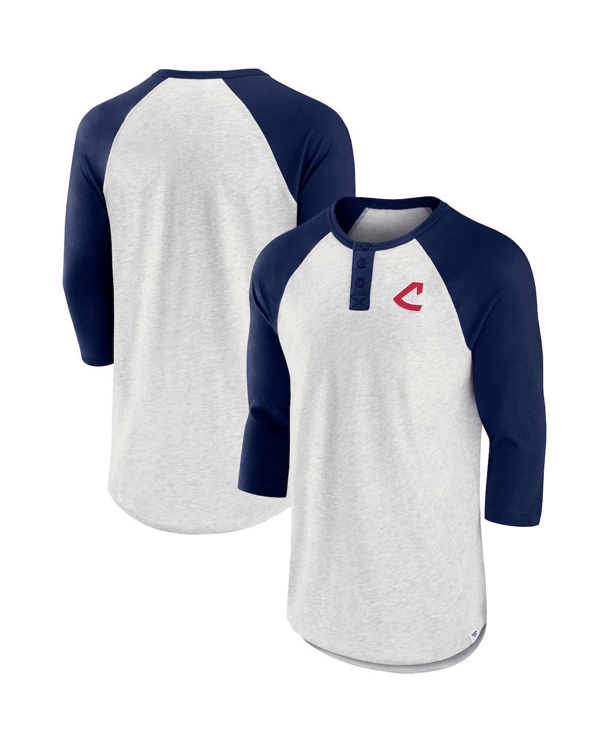 Mens Oatmeal and Navy Cleveland Indians True Classics Better Believe Raglan Henley 3/4-Sleeve T-shirt - Oatmeal Product Image