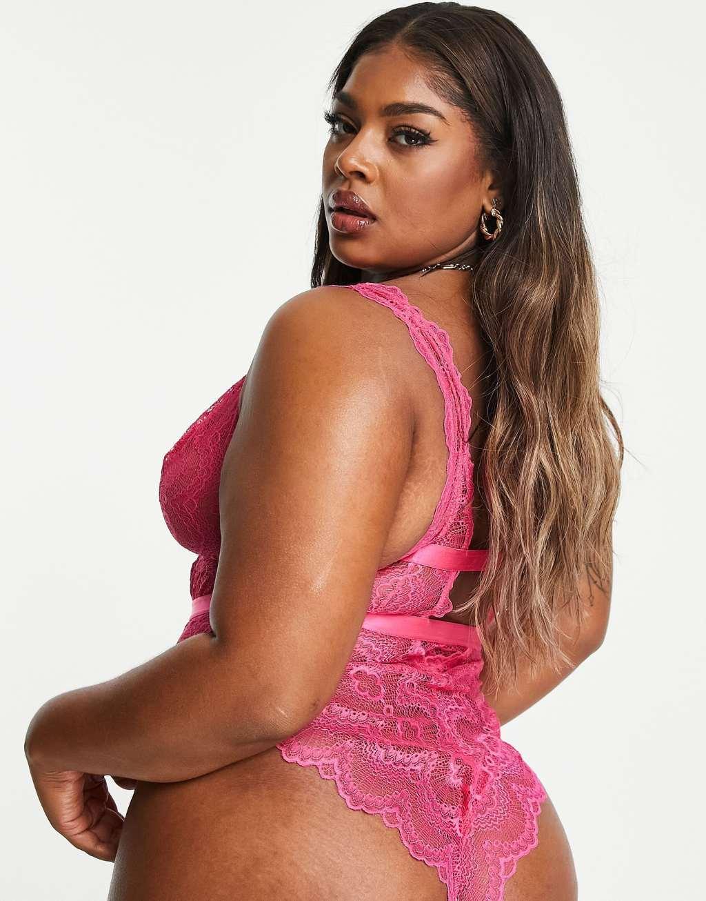 ASOS DESIGN Curve Rosie lace soft bodysuit in hot pink Product Image