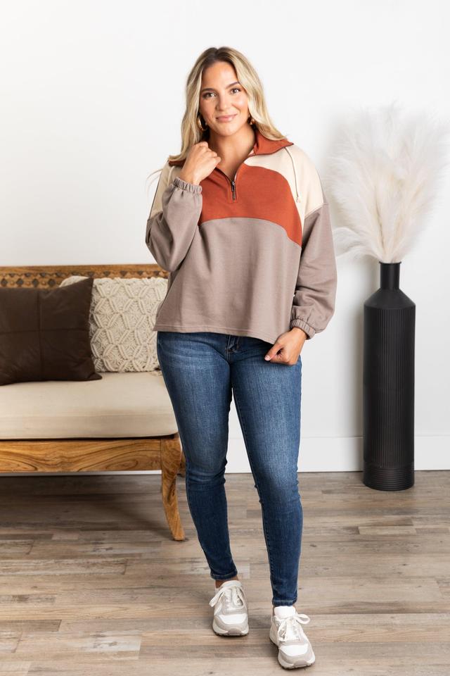 Mocha Half Zip-Up Colorblock Knit Top Product Image