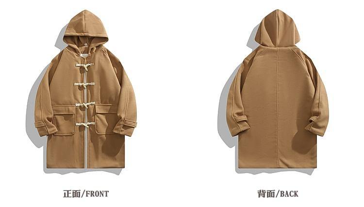 Hooded Toggle Plain Long Coat Product Image