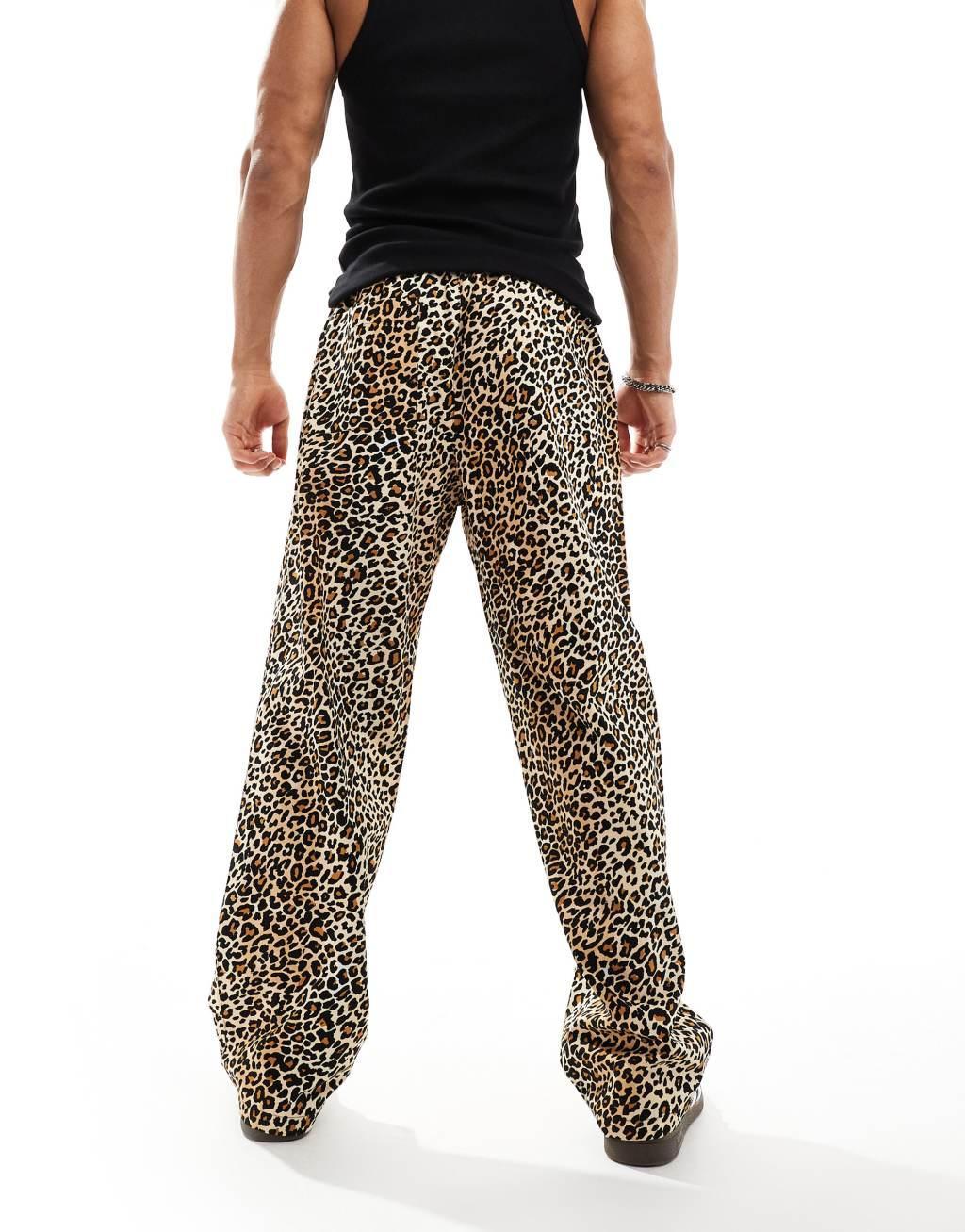 ASOS DESIGN wide pants in leopard print with elasticated waist Product Image