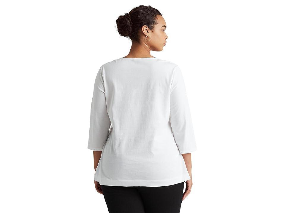 Lauren Ralph Lauren Plus Size Split Round Neck 34 Sleeve Woven Trim Knit Top Product Image