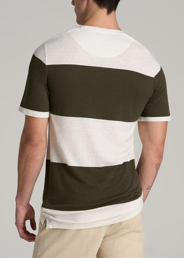 Linen Crewneck T-Shirt for Tall Men in Olive and Ecru Stripe Product Image