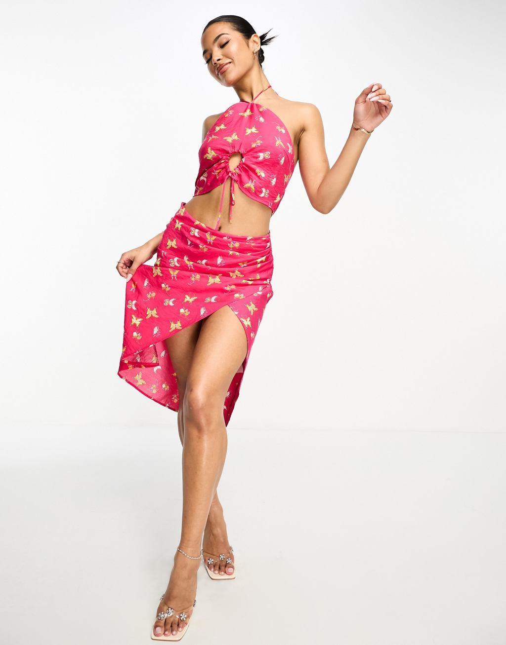 Something New halter neck cropped top in pink butterfly print - part of a set Product Image