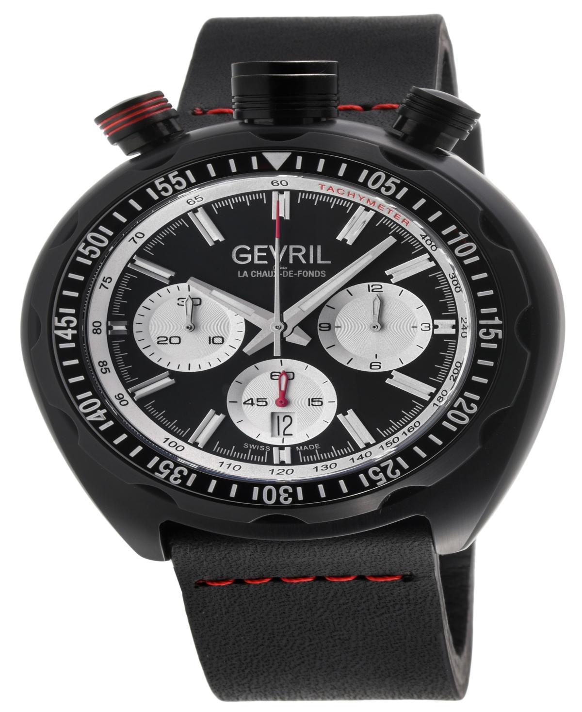 Gevril Mens Canal Street Chrono Swiss Automatic Italian Black Leather Strap Watch 48mm - Black Product Image