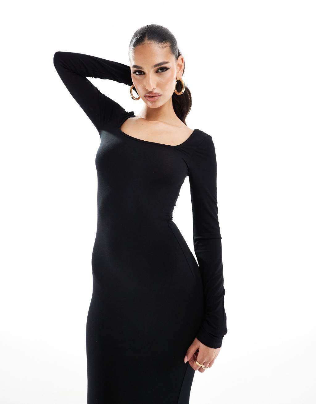 ASOS DESIGN square neck softline long sleeve maxi dress in black Product Image