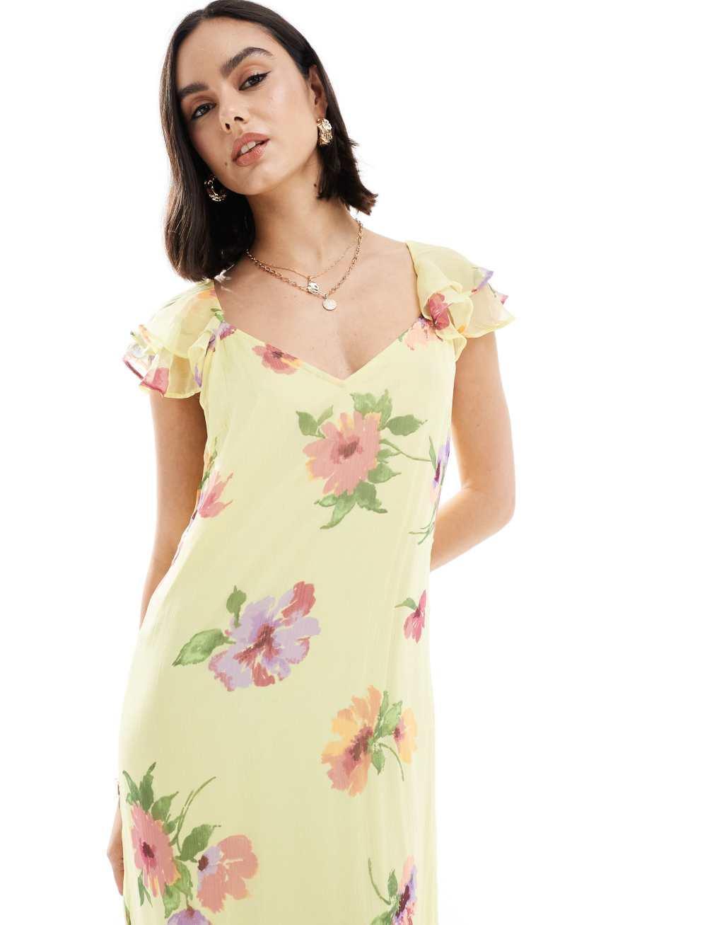 Vero Moda frill sleeve maxi dress in lemon floral Product Image