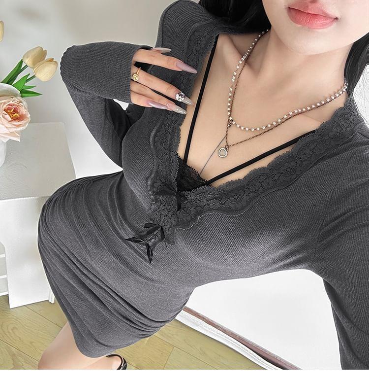 Long-Sleeve V-Neck Plain Bow Lace Trim Mini Sheath Dress Product Image