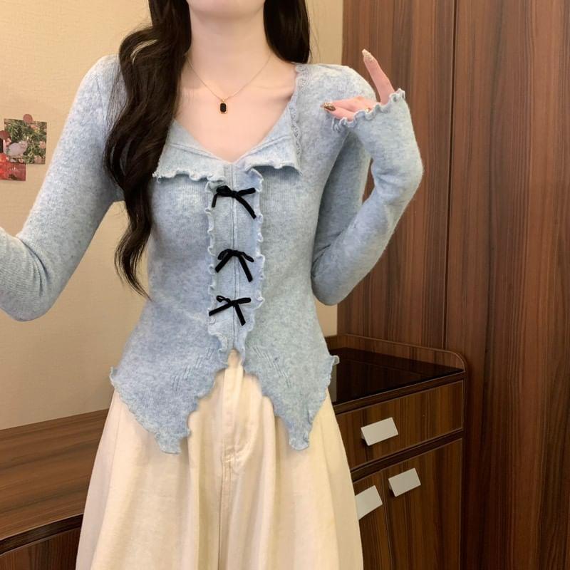 Long Sleeve Open Placket Bow Frill Knit Top Product Image