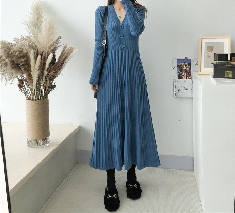 Long-Sleeve V-Neck Plain Ribbed Midi Knit Dress Product Image