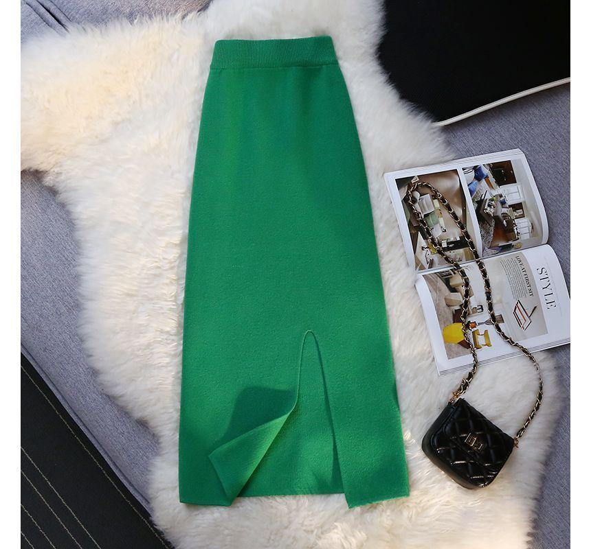 High Rise Slit Knit Midi Pencil Skirt Product Image