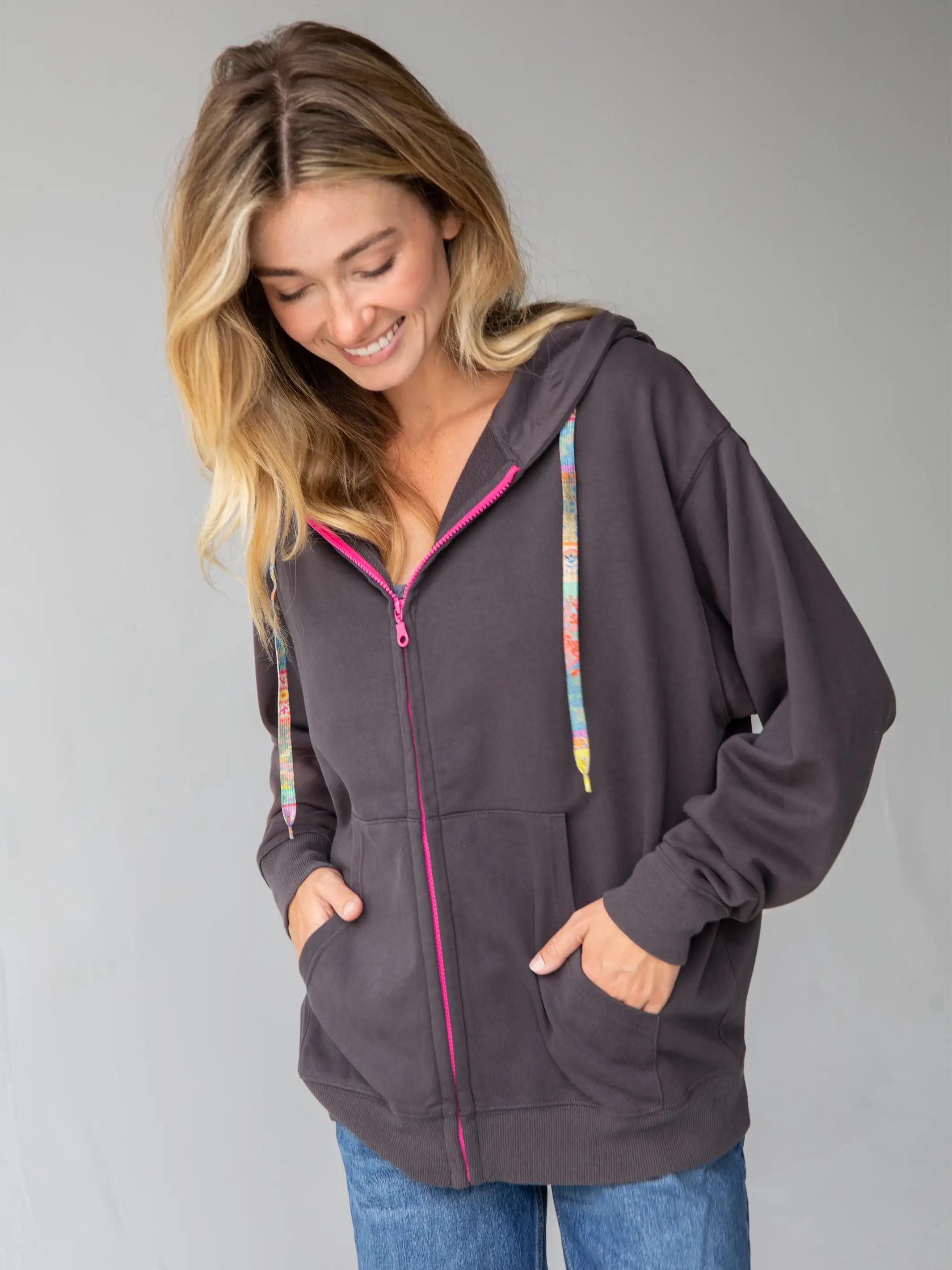 Applique Zip-Up Hoodie - Charcoal Peace Product Image